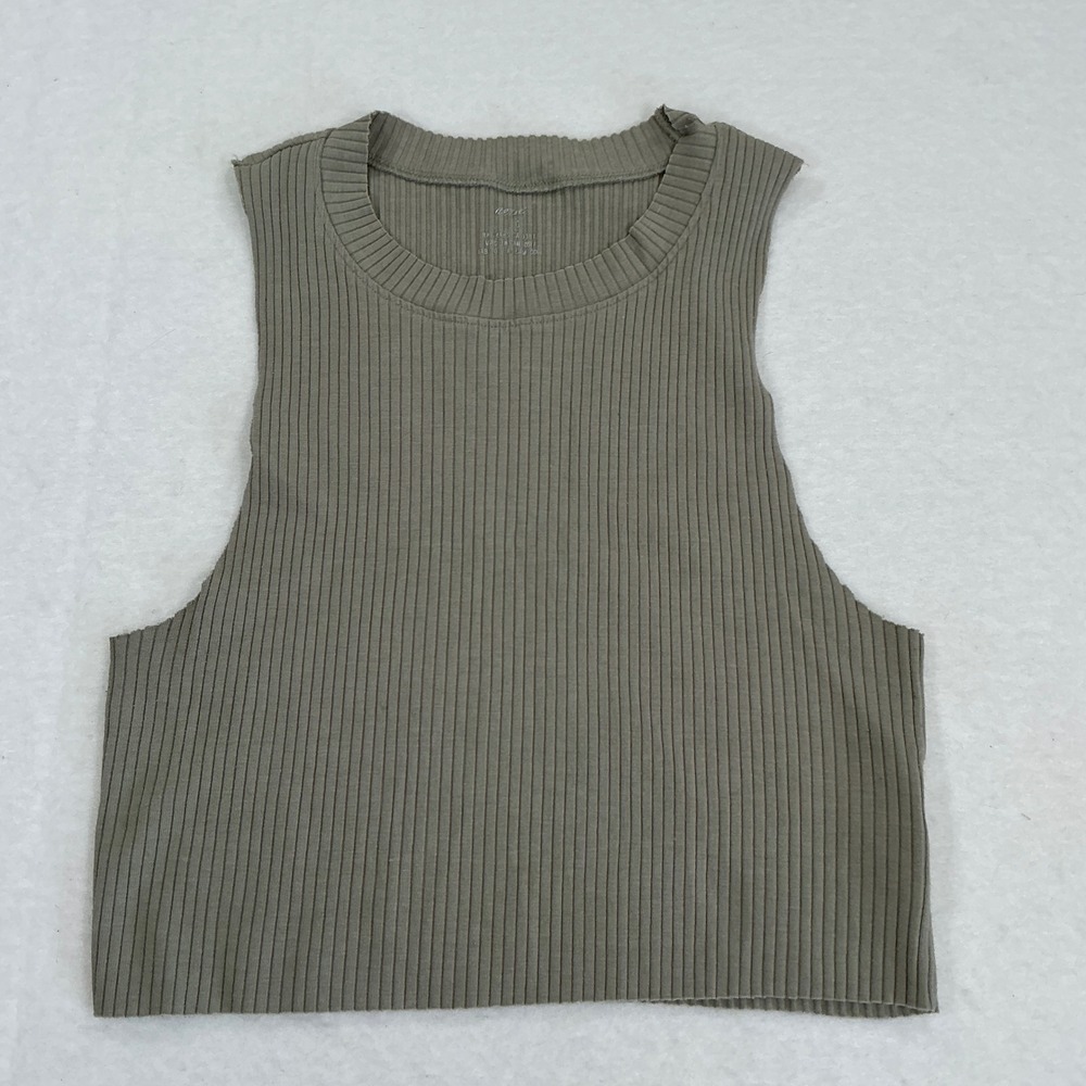 Aerie Womens Ribbed Muscle Tank Top Olive Green Crop High Neck Size L